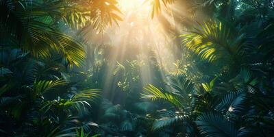 ai généré Soleil brillant par des arbres dans jungle photo