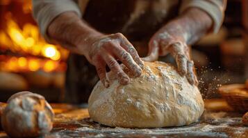 ai généré la personne pétrissage Frais pain de pain sur table photo