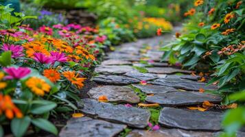 ai généré pierre chemin entouré par fleurs et verdure photo