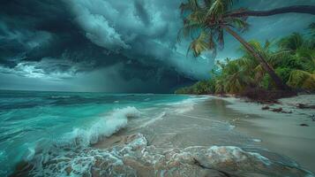 ai généré orage approchant plage avec paume des arbres photo