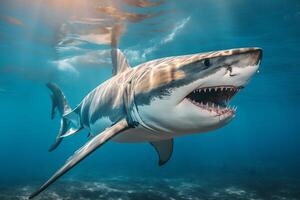 ai généré une requin dans le l'eau avec ses bouche large ouvrir, affichage Lignes de tranchant dents. photo