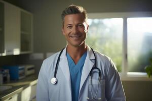 ai généré une médecin dans une blanc manteau est permanent dans une médical pièce et souriant. photo