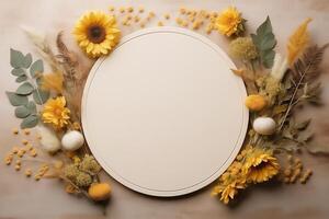 ai généré une blanc cercle entouré par vibrant Jaune fleurs et vert feuilles dans une Naturel paramètre. photo