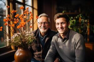 ai généré une couple de Hommes sont assise étroitement suivant à chaque autre. photo