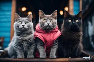 ai généré Trois national chats sont assise étroitement à côté de chaque autre dans une rangée avec curieuse expressions sur leur visages, affichage une moment de félin camaraderie. photo