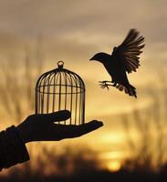 ai généré une main en portant une cage silhouette contre le réglage soleil, tandis que une magnifique peu oiseau en volant photo