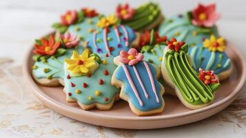 ai généré cinco de mayo journée concept décoré sucre biscuits dans le forme de cactus avec vibrant vert et bleu glaçage avec brillant rouge ou Jaune fleurs. photo