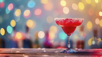 ai généré une rouge Margarita dans une martini verre avec une salé jante sur une en bois contre une bokeh Contexte photo