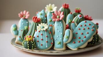 ai généré cinco de mayo journée concept décoré sucre biscuits dans le forme de cactus avec vibrant vert et bleu glaçage avec brillant rouge ou Jaune fleurs. photo