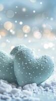 ai généré deux menthe vert cœurs orné avec blanc points repos sur neige, bokeh lumières, atmosphère de l'amour et romance dans doux pastel tons parfait pour valentines journée photo