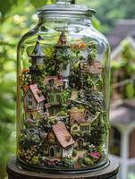 ai généré royaume des fées dans une pot. miniature châteaux et enchanté paysages. photo