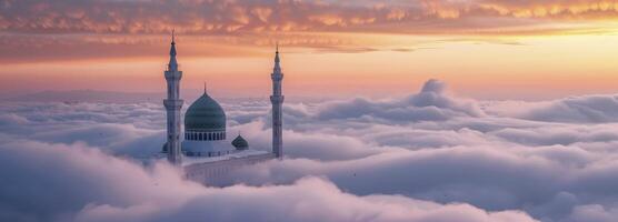 ai généré mosquée au dessus le des nuages photo