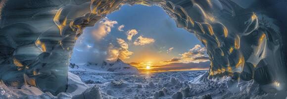 ai généré le le coucher du soleil brille par le trou dans un la glace la grotte photo