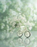 ai généré printemps sérénade. une blanc tricycle chargé avec fleurs, ensemble contre une luxuriant vert brouiller arrière-plan, création une magnifique printemps scène. photo
