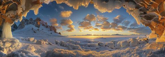 ai généré le le coucher du soleil brille par le trou dans un la glace la grotte photo