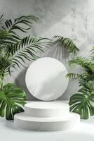 ai généré circulaire blanc podium étape étagère, de face voir, renforcée par une Contexte de luxuriant tropical feuilles et vert pierre photo