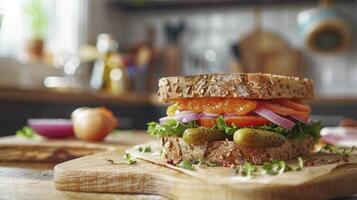 ai généré confort nourriture fait maison sandwich avec piquant Orange diffuser, surmonté avec oignon, tomate, et cornichons, dans une confortable Accueil cuisine réglage photo