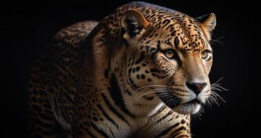ai généré jaguar animal sur noir arrière-plan, jaguar portrait , magnifique coup de un africain léopard, jaguar photo