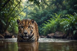 ai généré jaguar - animal, jaguar dans le jungle, magnifique coup de un africain léopard - jaguar photo