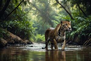 ai généré jaguar - animal, jaguar dans le jungle, magnifique coup de un africain léopard - jaguar photo