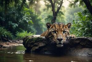 ai généré jaguar - animal, jaguar dans le jungle, magnifique coup de un africain léopard - jaguar photo