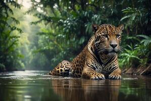 ai généré jaguar - animal, jaguar dans le jungle, magnifique coup de un africain léopard - jaguar photo