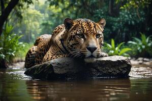 ai généré jaguar - animal, jaguar dans le jungle, magnifique coup de un africain léopard - jaguar photo