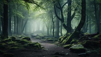 ai généré brumeux forêt Contexte photo