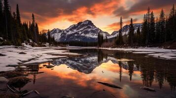 ai généré Montagne le coucher du soleil reflets Contexte photo