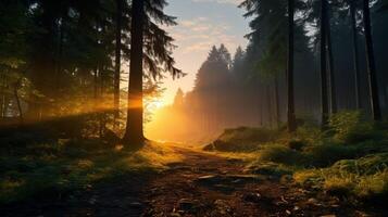 ai généré mystérieux lever du soleil dans le forêt Contexte photo