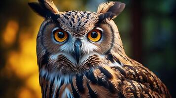 ai généré un hibou est séance sur une branche dans de face de une le coucher du soleil photo