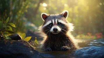 ai généré une raton laveur est séance sur une arbre branche photo