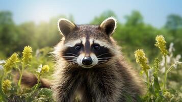 ai généré une raton laveur séance sur une Roche dans le les bois photo