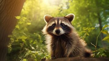 ai généré une raton laveur séance sur une Roche dans le les bois photo