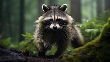 ai généré une raton laveur séance sur une Roche dans le les bois photo