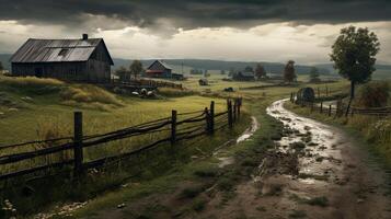 ai généré pluvieux ferme Contexte photo