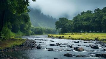 ai généré pluvieux berge de rivière beauté Contexte photo