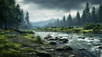 ai généré pluvieux berge de rivière scène Contexte photo