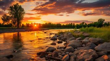 ai généré berge de rivière le coucher du soleil Contexte photo
