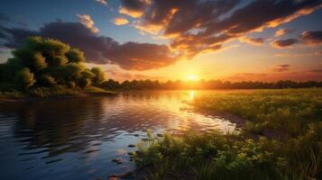 ai généré berge de rivière le coucher du soleil Contexte photo