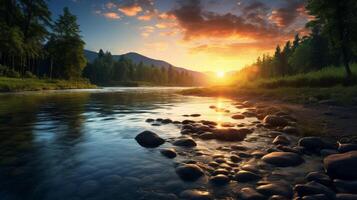 ai généré rivière lever du soleil Contexte photo