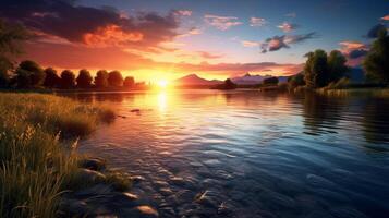ai généré berge de rivière le coucher du soleil Contexte photo