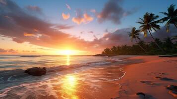 ai généré romantique lever du soleil par le rivage Contexte photo