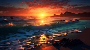 ai généré romantique rivage le coucher du soleil Contexte photo