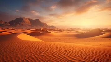 ai généré désert paysage avec le sable dunes et montagnes à le coucher du soleil photo