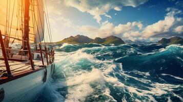 ai généré voile bateau sur Lac avec des arbres et montagnes photo