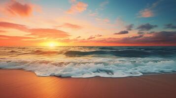 ai généré sablonneux plage le coucher du soleil pente Contexte photo