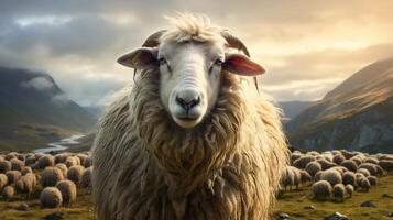 ai généré une mouton des stands sur une colline surplombant une vallée photo