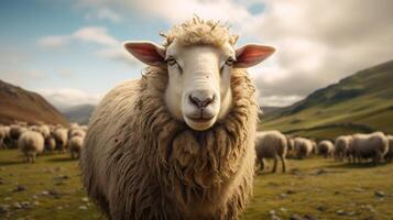 ai généré une mouton des stands sur une colline surplombant une vallée photo
