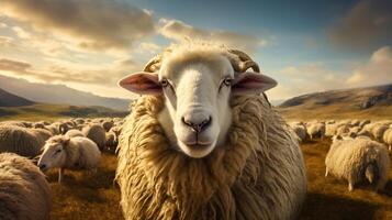 ai généré une mouton des stands sur une colline surplombant une vallée photo